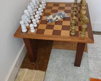 Wooden Chess Table w Porcelain Chess set.