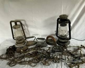 Rustic Primitives Lot Lamp Lantern, Horse Bits More