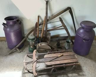 Primitives Mixed Lot Tools, Crocks, Coleman Lantern More