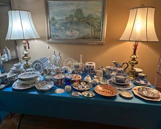 Large selection of blue and white dish ware