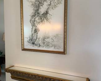 Antique Gilt Wood Frame Drawing of an Olive Tree