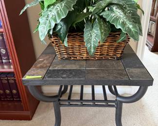 Wicker Basket with Faux Plants on Tiled Top Side Table