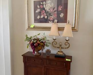 Vintage Floral Still Life Painting with Ornate Gold Frame and Matching Double Lamp Set