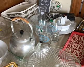Friendly Village baking dishes, Great Kapok Tree glassware, Turkey platter, vintage glass bowls, Pyrex bowls
