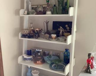 Vintage vases, decanters, copper tea kettle, St Clair glass, vintage canisters