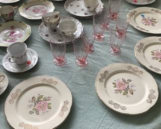 Queen Esther plates, pink depression glassware
