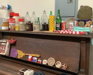 Vintage packaging, glass 2 liter bottles, Boy Scout canteen, piano NFS