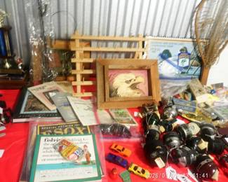 Vintage Folk Art Eagle Picture with feathers, vintage cars, Reels, Metal Duck stamp,Antique Fishing Net, Fishing books