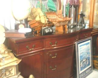 Antique Buffet with a custom Glass top and key, Vintage Ships