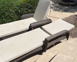 Two Adjustable Wicker Loungers With Cushions