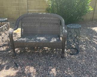 Two Seater Wicker Bench And Two Side Decorative Metal Tables