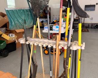 Rack of rakes, shovels and long-handled tools