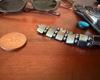 Vintage silver bracelet, turquoise ring and collector token