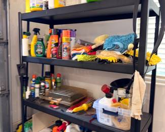 Garage shelf of cleaning and automotive supplies