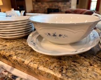 Blue floral china serving bowl and plates