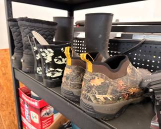 Rain boots and camo hunting shoes
