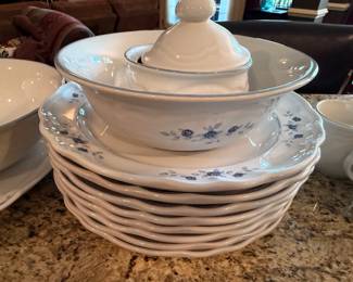 Blue floral china set with gold trim