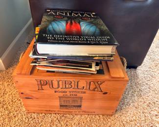 Vintage Publix wooden crate with coffee table books