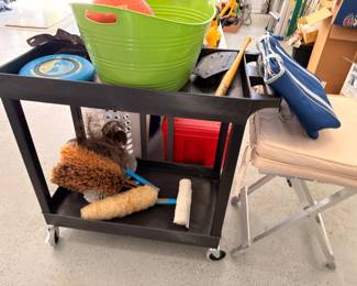 Utility cart with buckets and cleaning brushes