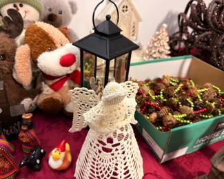 Christmas decor — crocheted angel, lantern, plush reindeer