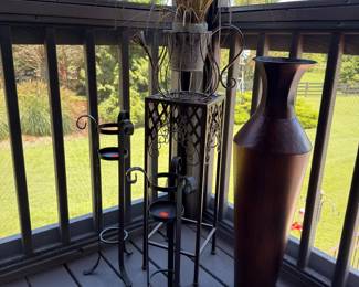 Metal plant stand and tall decorative floor vases