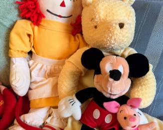 Plush toys — Raggedy Ann, Pooh, Mickey Mouse