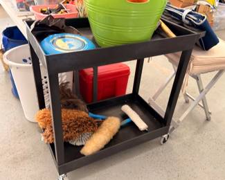 Utility cart with buckets, planters and brushes