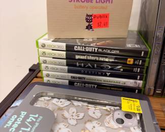 Xbox games, strobe light and Wii balance board