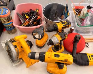 DeWalt power tools lot with drills and saw