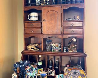 Wooden hutch secretary desk with collectibles