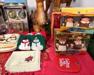 Holiday linens, Pilgrim figures and ornaments