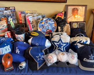 Sports memorabilia lot — Cowboys caps, signed baseballs