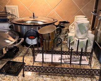 Slow cooker, stainless pots and mugs