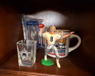 Cowboys Troy Aikman figure, shot glass and mug