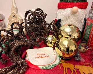 Assorted Christmas ornaments and holiday decor