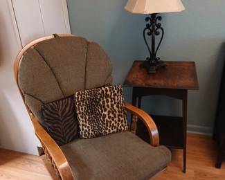 Upholstered Rocker, antique side table