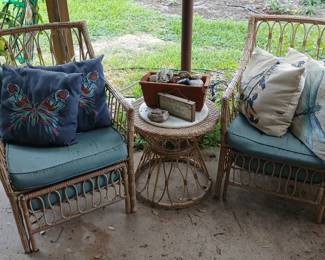 Wicker patio chairs, end table