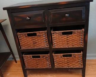 Wooden, wicker storage cabinet