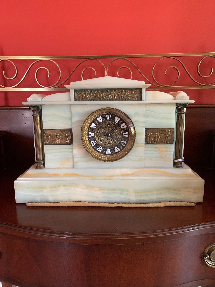 Antique onyx Ansonia mantle clock, last quarter of 19th century.  Probably weighs 30 pounds. Note bronze frieze and columns. A spectacular piece!