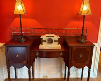 Beautiful sideboard; mica shade accent lamps; Ansonia onyx mantle clock
