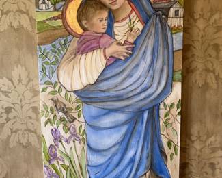 Madonna of Peytonsville Road -large painting by local artist featuring a style similar to Orthodox iconography. Features a barn and Saint Ignatius Orthodox Church on Peytonsville Road, Tennessee Iris and mockingbird.