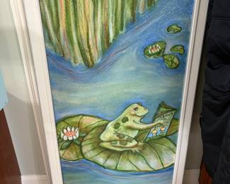 Large painting of cute frog on a lily pad "Love one another" framed in white