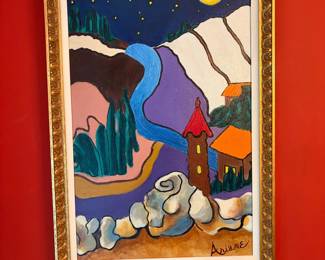 large abstract mountain landscape, framed in gold by local artist Ariane Montemuro -see arianeart.com