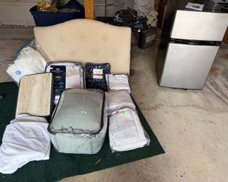 Great items for college dorm room; bedding, head board, refrigerator, microwave