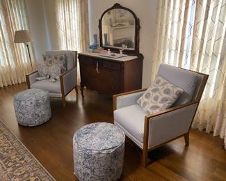 blue and white chairs with ottomans - $175 ea, antique dresser - $150