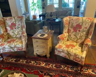 2 like new upholstered chairs $300 for both, nice solid wood table