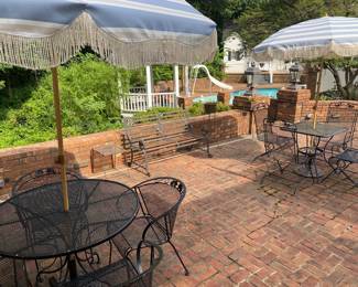 wrought iron table and 4 chairs $250, umbrella with stand $80