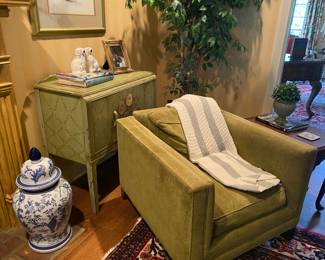 Wilson-Babb corduroy designer chair, hand painted cabinet