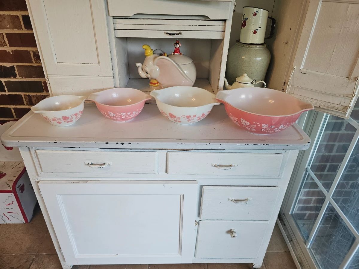 Gooseberry Pyrex and hoosier cabinet 