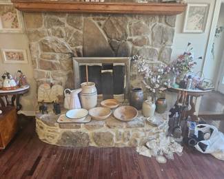 Vintage dough bowls crocks and churn